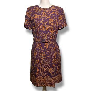 Talbots Purple Gold Silk Dress Belted Size 8 Sheath Short Sleeves Back Zip